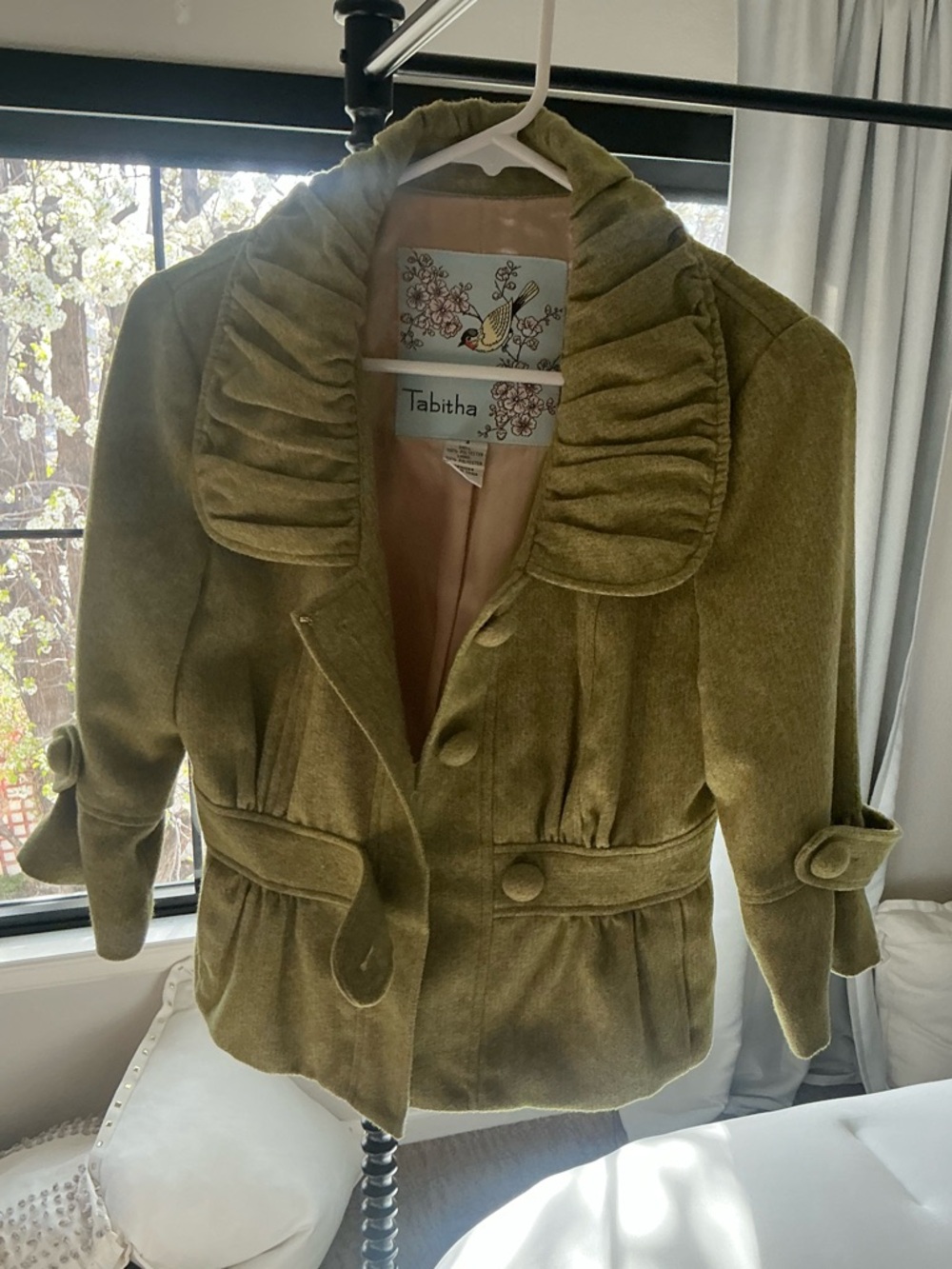 Tabitha Olive Velvet Pea Coat with Ruffled Collar